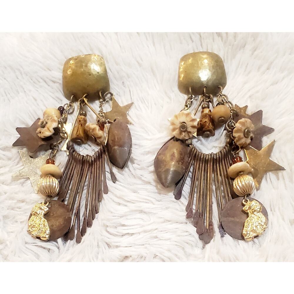 Vintage Pierced Earrings Dangle Multi Strand Beads Boho Bohemian Hippie Gypsy - Picture 1 of 4